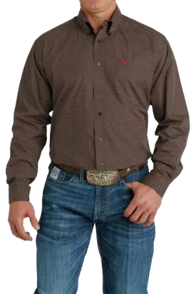 Cinch Men's Geometric Print Button Down Western Brown Khaki Shirt