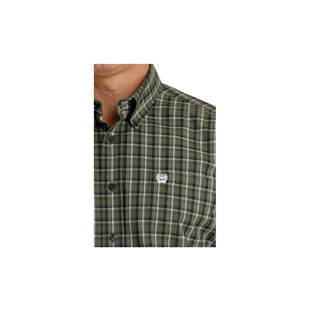 Cinch Men's Medallion Print Button Down Long Sleeve Olive Shirt