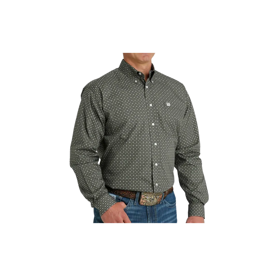 Cinch Men's Medallion Print Button Down Long Sleeve Olive Shirt