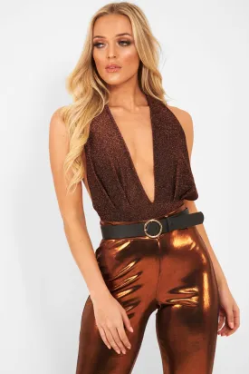 Copper Black Plunge Cross Back Bodysuit - Jolina