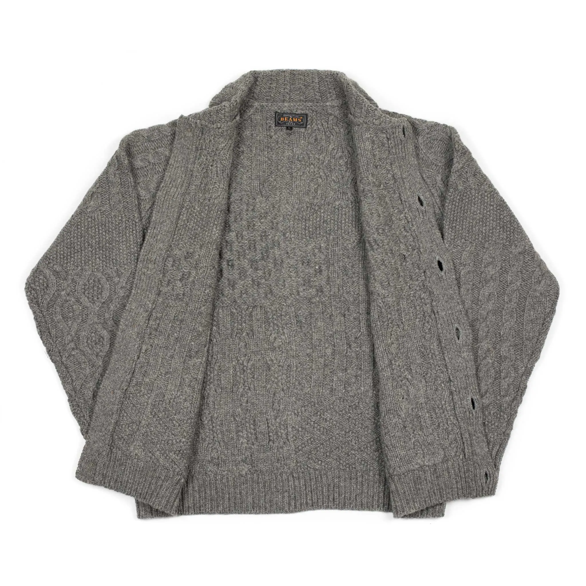 Crazy cable knit Aran cardigan in grey wool