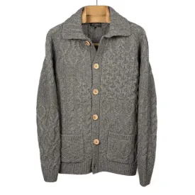 Crazy cable knit Aran cardigan in grey wool