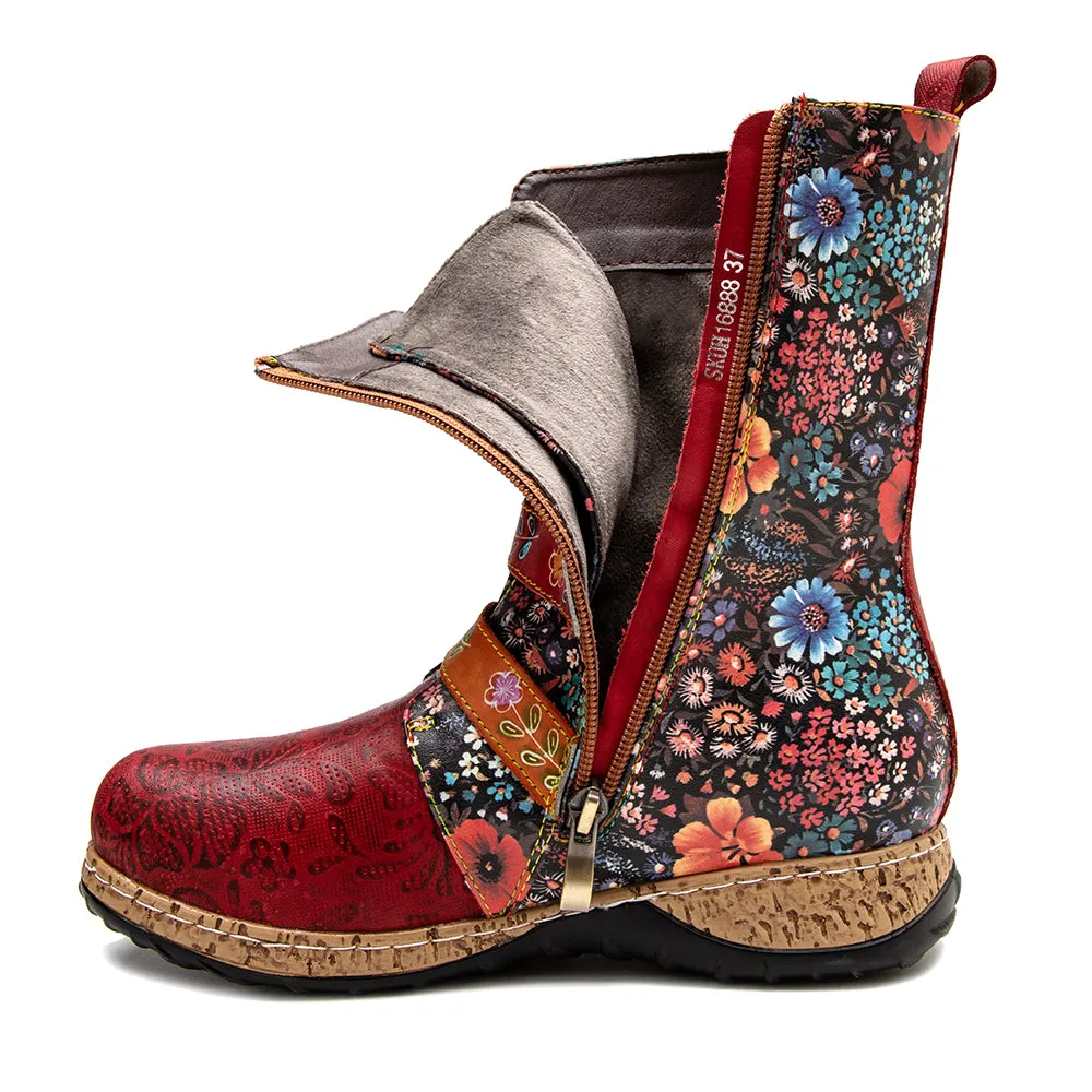 CrazycatZ Womens Leather Bohemian Knee High Boots Floral Patterned Long Red Boots