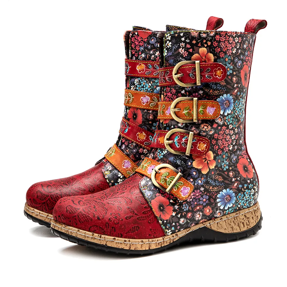 CrazycatZ Womens Leather Bohemian Knee High Boots Floral Patterned Long Red Boots