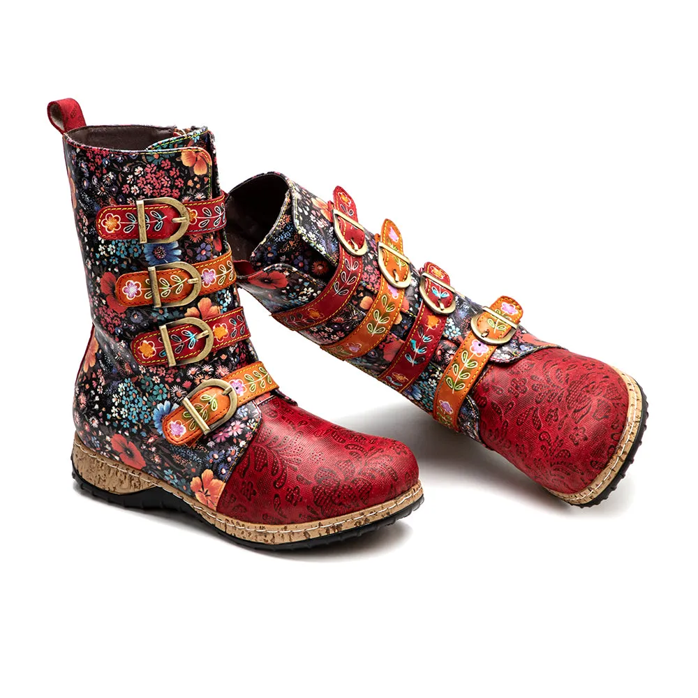 CrazycatZ Womens Leather Bohemian Knee High Boots Floral Patterned Long Red Boots