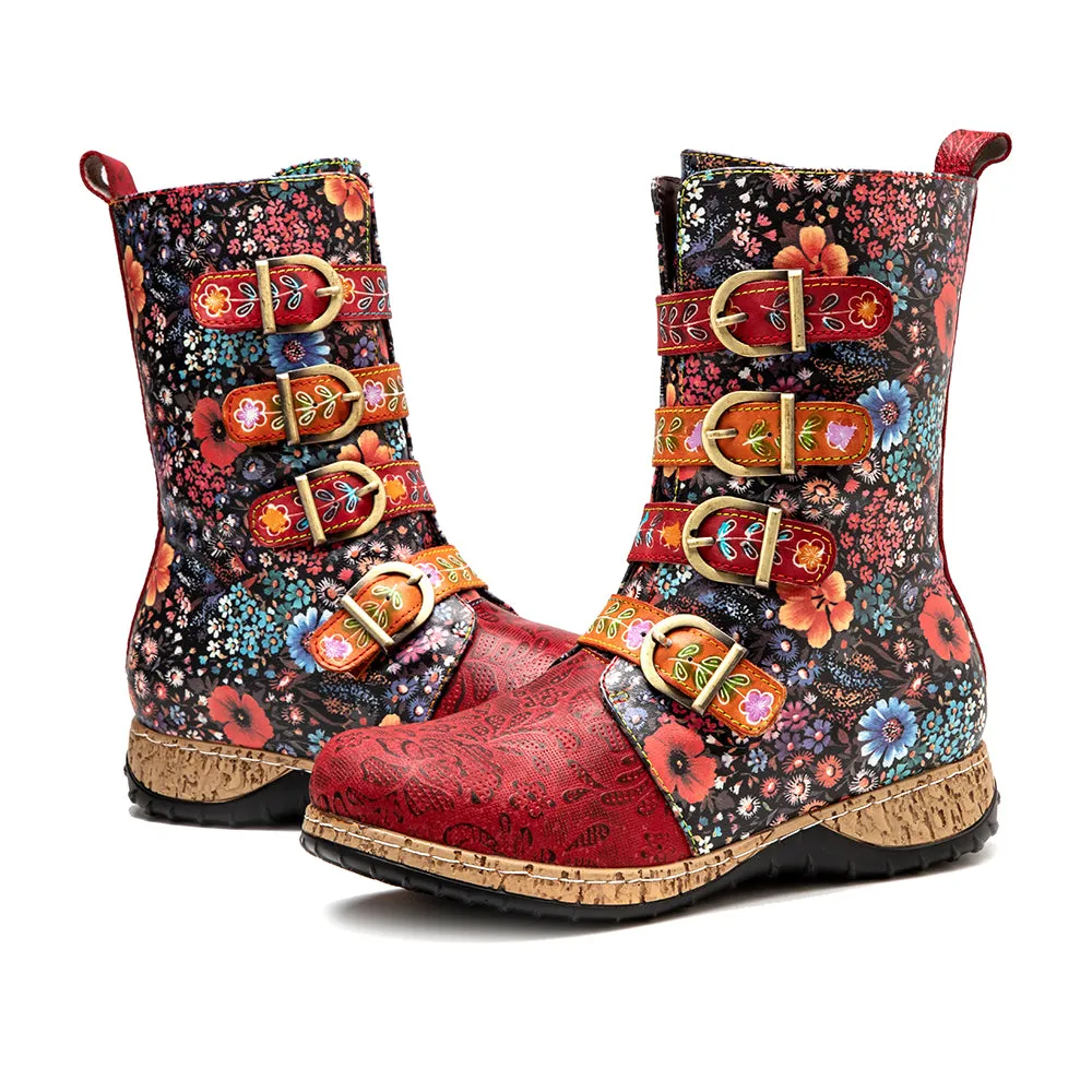 CrazycatZ Womens Leather Bohemian Knee High Boots Floral Patterned Long Red Boots