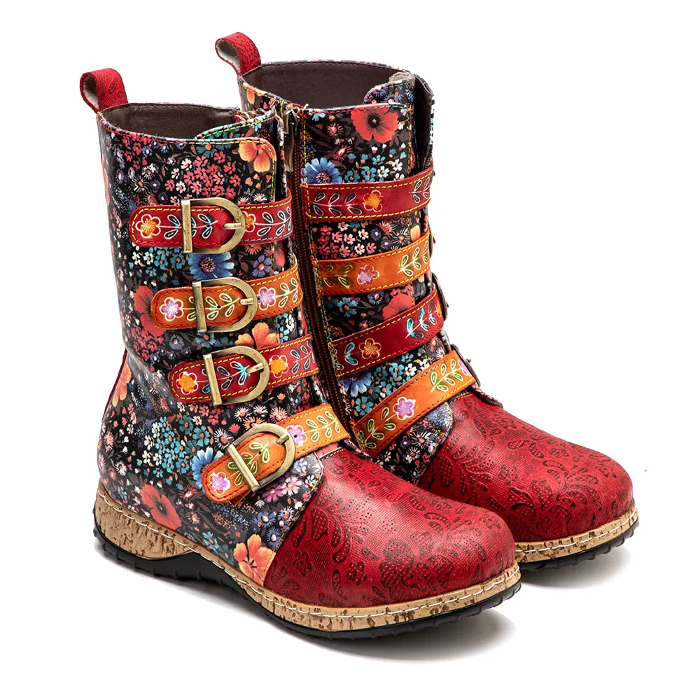 CrazycatZ Womens Leather Bohemian Knee High Boots Floral Patterned Long Red Boots