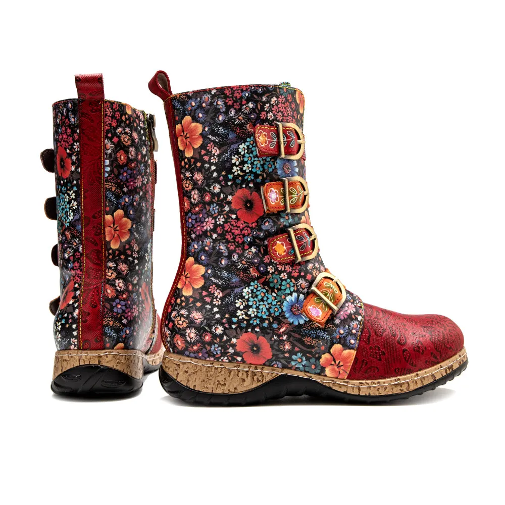 CrazycatZ Womens Leather Bohemian Knee High Boots Floral Patterned Long Red Boots