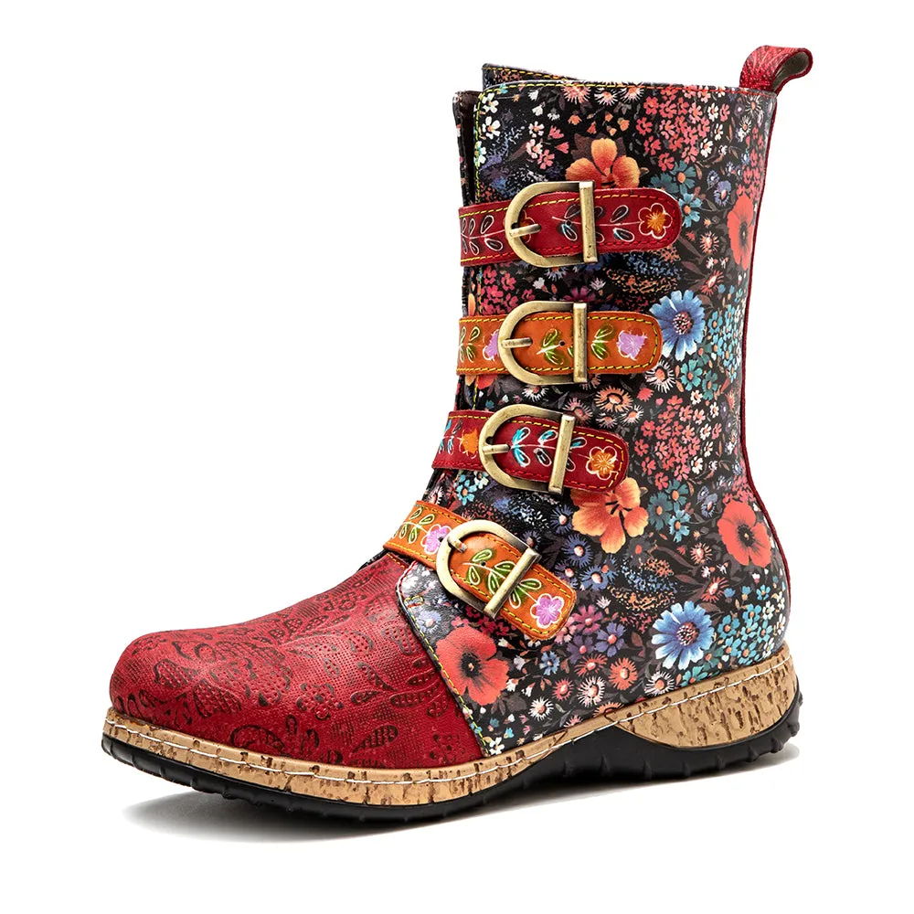 CrazycatZ Womens Leather Bohemian Knee High Boots Floral Patterned Long Red Boots
