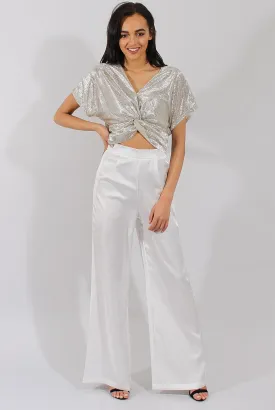 Cream High Waisted Satin Trousers - Alexia