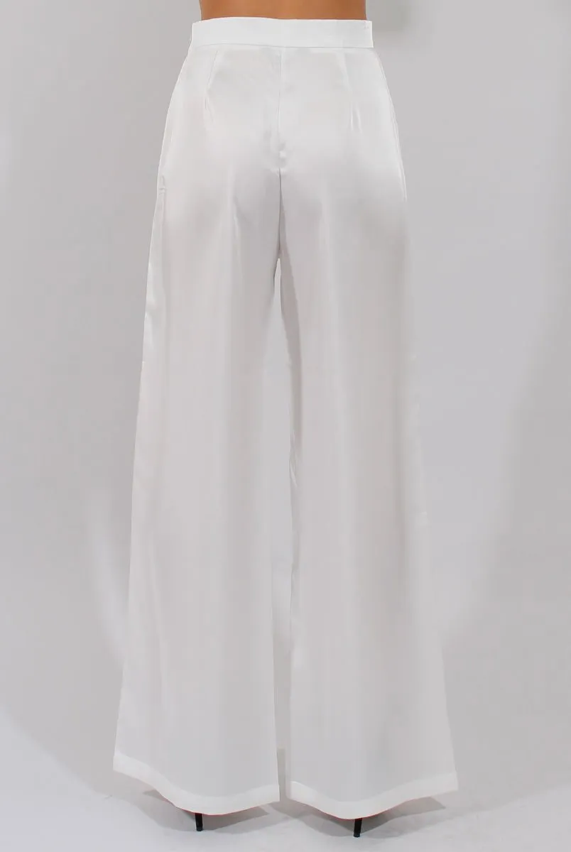Cream High Waisted Satin Trousers - Alexia