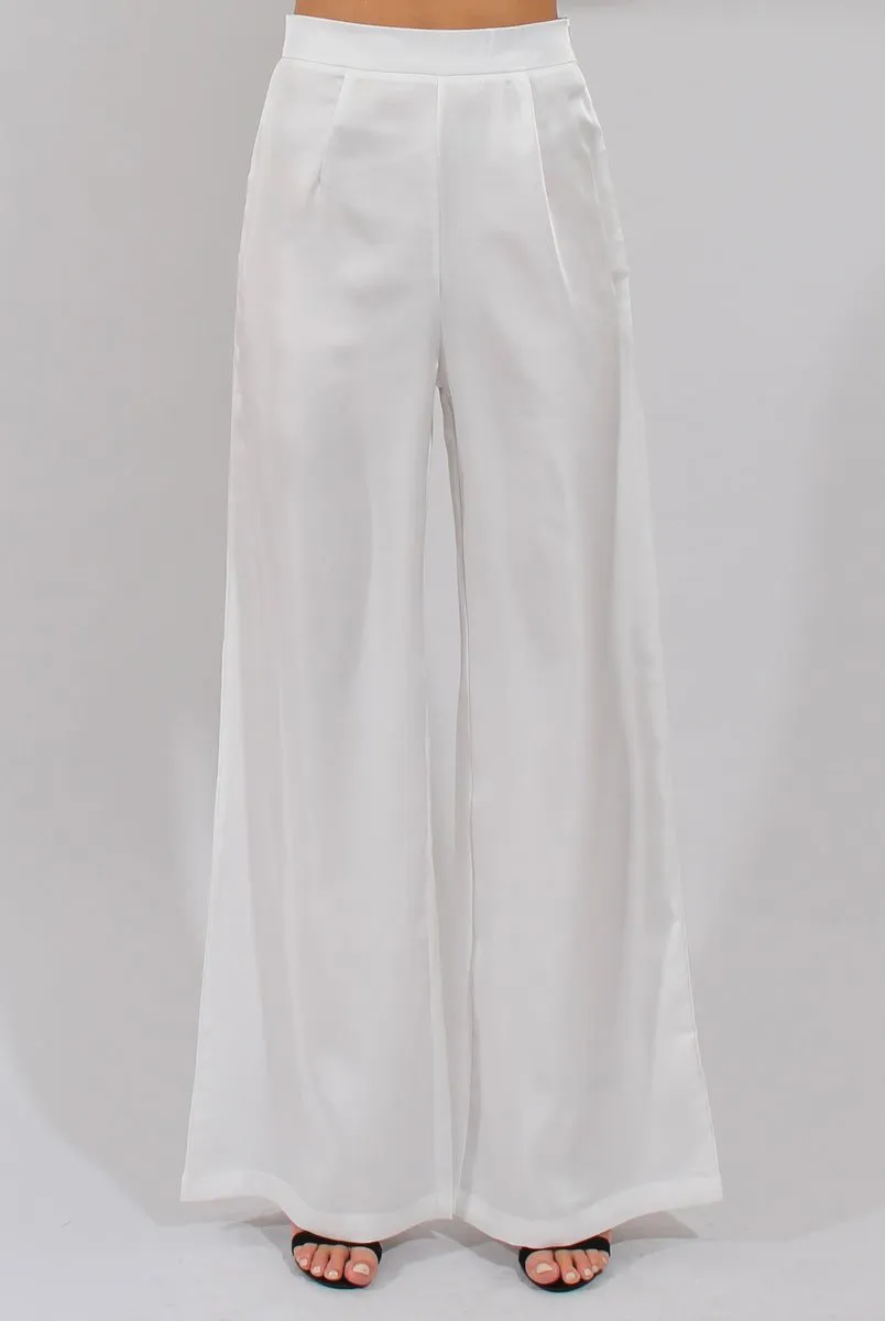 Cream High Waisted Satin Trousers - Alexia