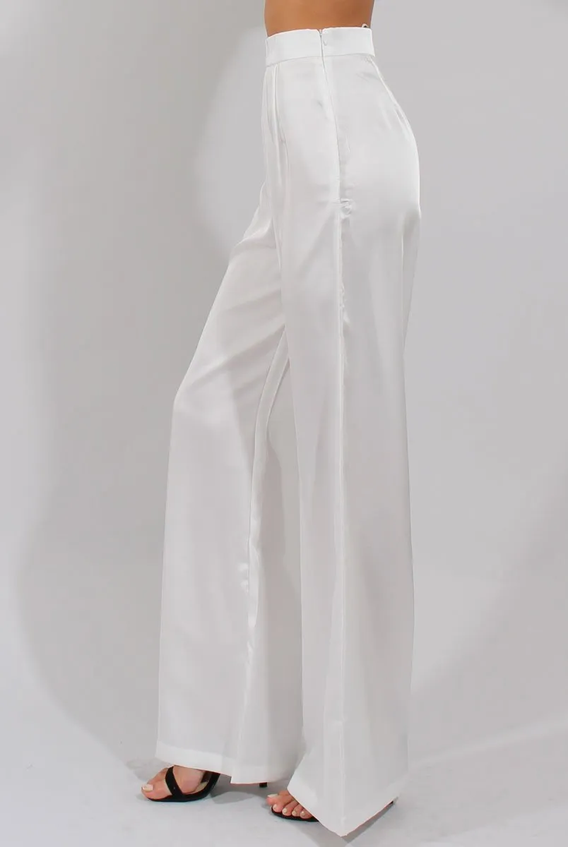 Cream High Waisted Satin Trousers - Alexia