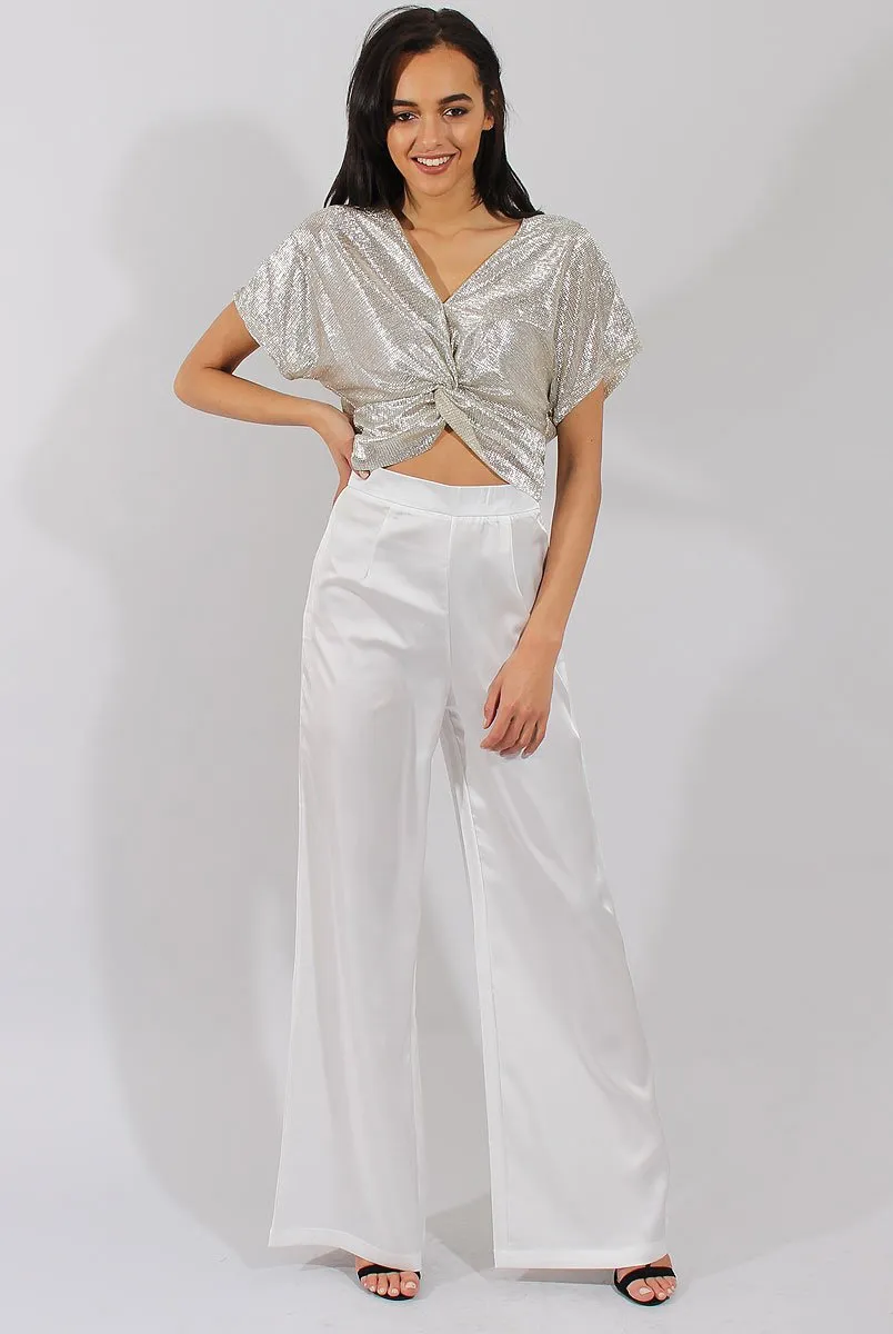 Cream High Waisted Satin Trousers - Alexia