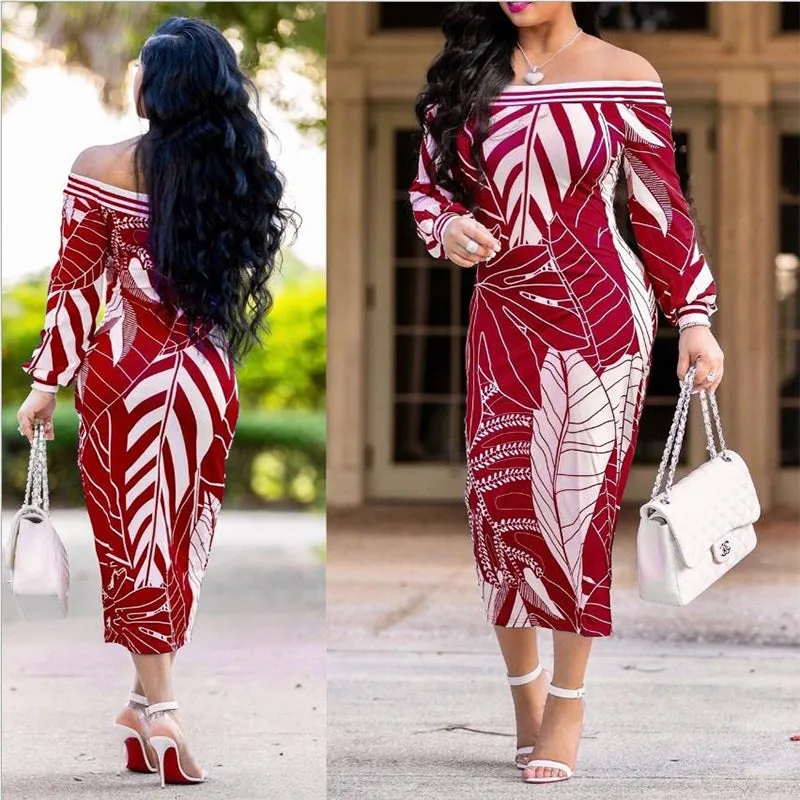 deanwangkt off shoulder sexy S-5XL plus size leaf midi dresses summer spring bishop sleeve boho long dress female women long floral dress