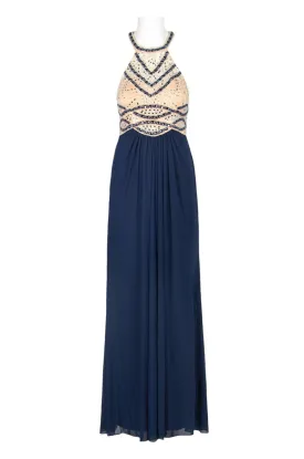 Decode Halter Neck Embellished Bodice Racer Back Ruched Jersey Mesh Gown