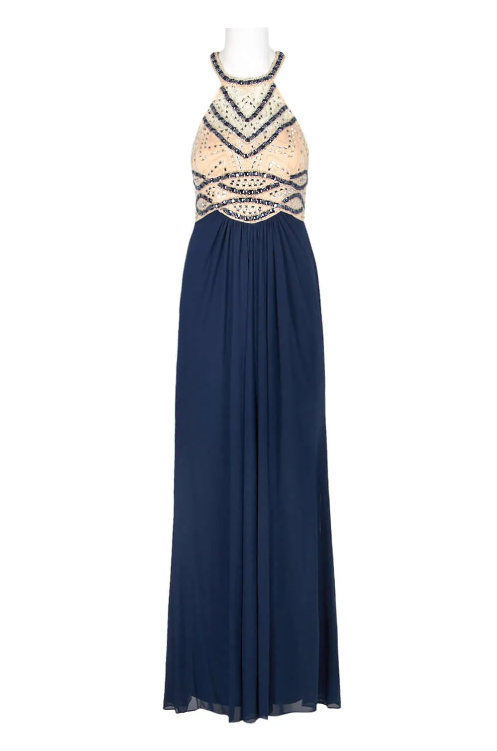Decode Halter Neck Embellished Bodice Racer Back Ruched Jersey Mesh Gown