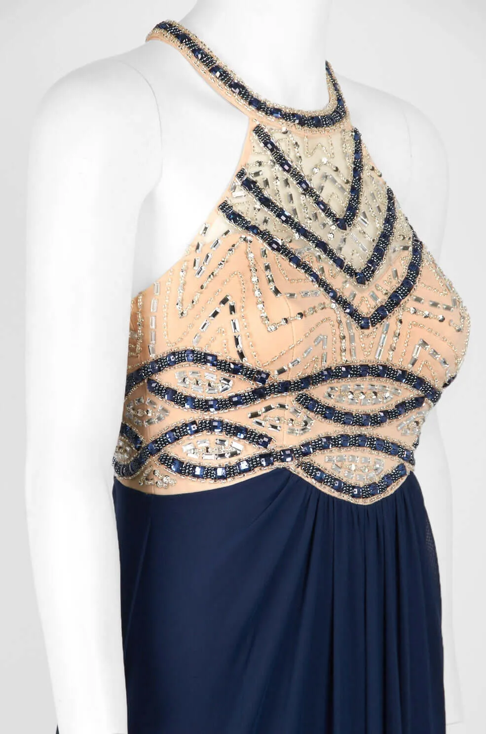 Decode Halter Neck Embellished Bodice Racer Back Ruched Jersey Mesh Gown