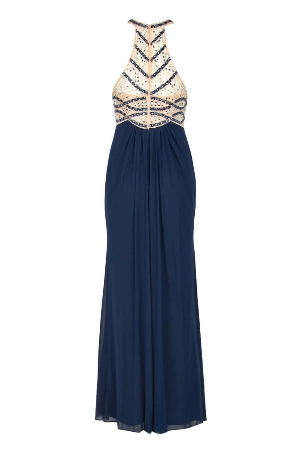 Decode Halter Neck Embellished Bodice Racer Back Ruched Jersey Mesh Gown
