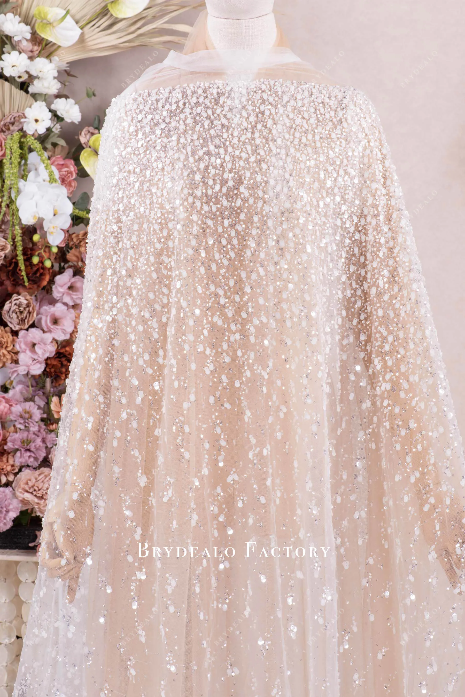 Designer Shimmer Gradient Beading Cream White Sequin Fabric