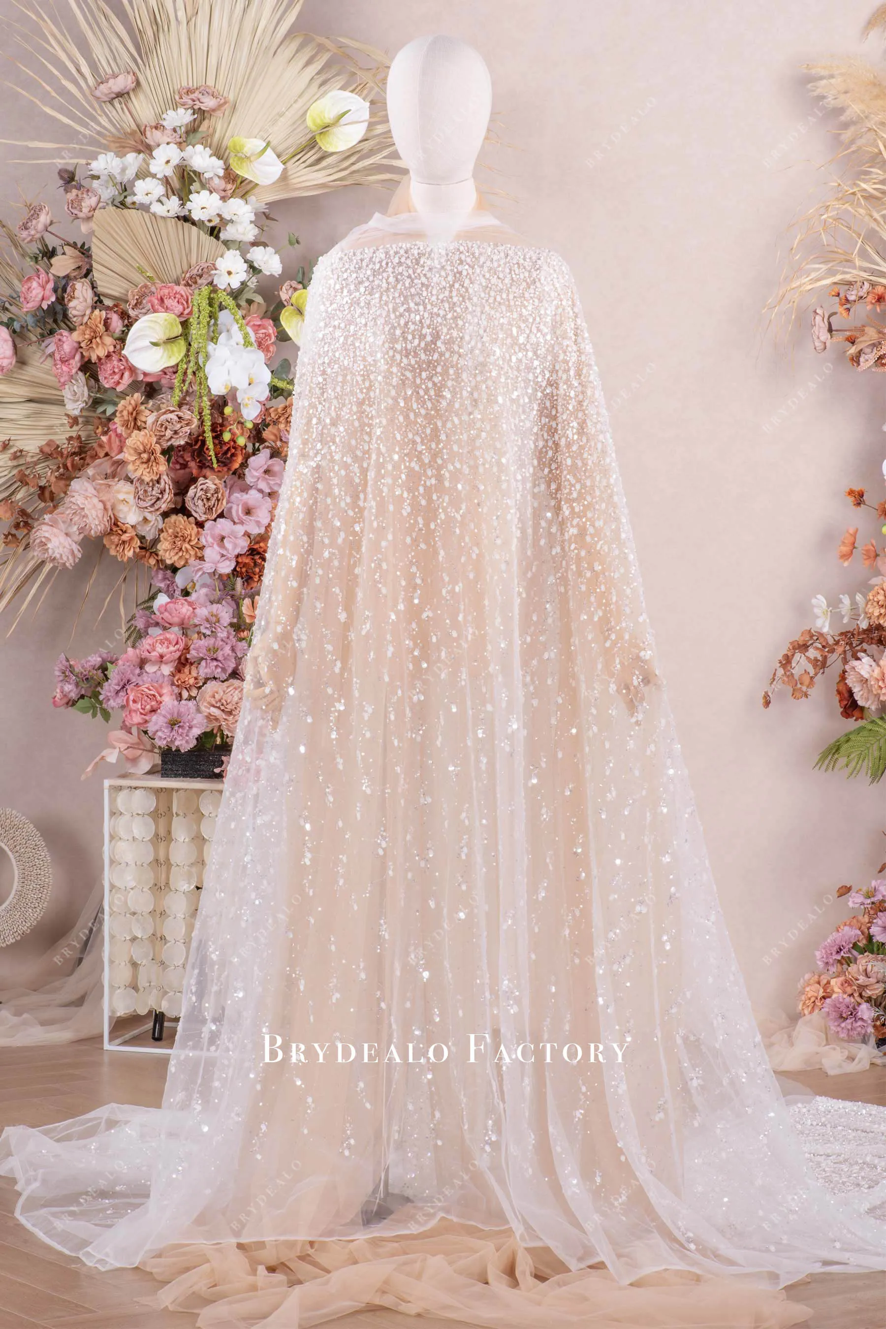 Designer Shimmer Gradient Beading Cream White Sequin Fabric
