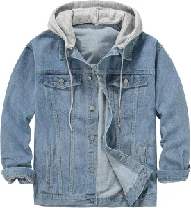 DOSLAVIDA Men's Distressed Denim Jacket Unisex Button Down Jean Coat Casual Long Sleeve Trucker Hooded Jackets Outwear