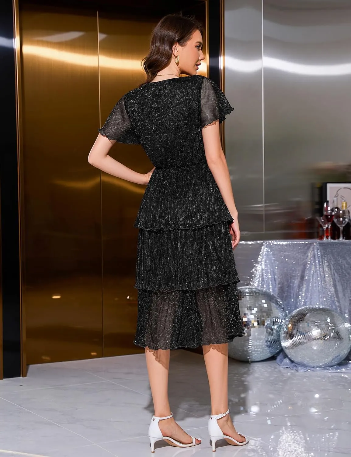 Dressystar Women 2025 Glitter Tiered Dress Short Sleeve V Neck Sequin Cocktail Ruffle Midi Prom Evening Formal Party Dresses