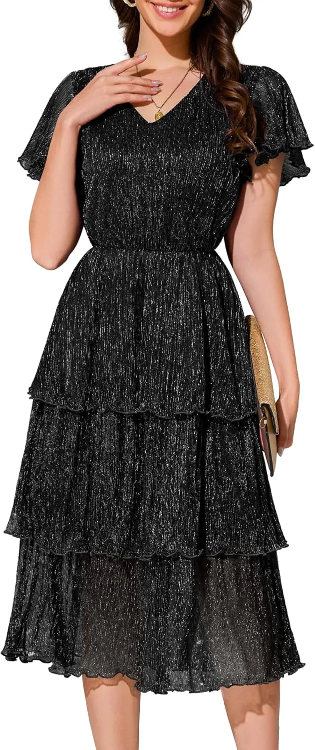 Dressystar Women 2025 Glitter Tiered Dress Short Sleeve V Neck Sequin Cocktail Ruffle Midi Prom Evening Formal Party Dresses