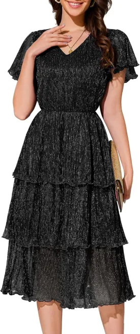 Dressystar Women 2025 Glitter Tiered Dress Short Sleeve V Neck Sequin Cocktail Ruffle Midi Prom Evening Formal Party Dresses