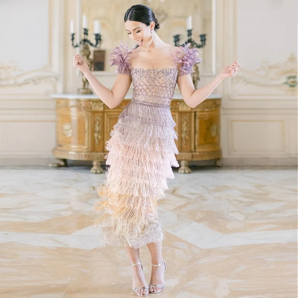 Elegant Feathers Tassel Evening Dress
