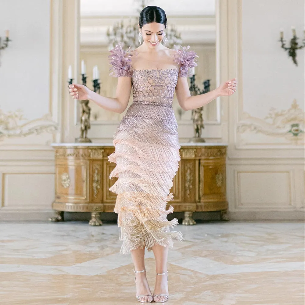 Elegant Feathers Tassel Evening Dress
