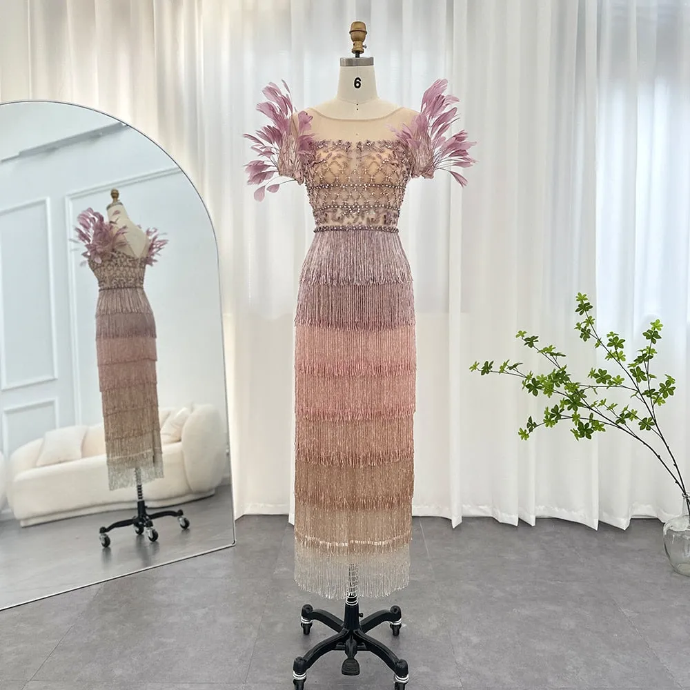 Elegant Feathers Tassel Evening Dress