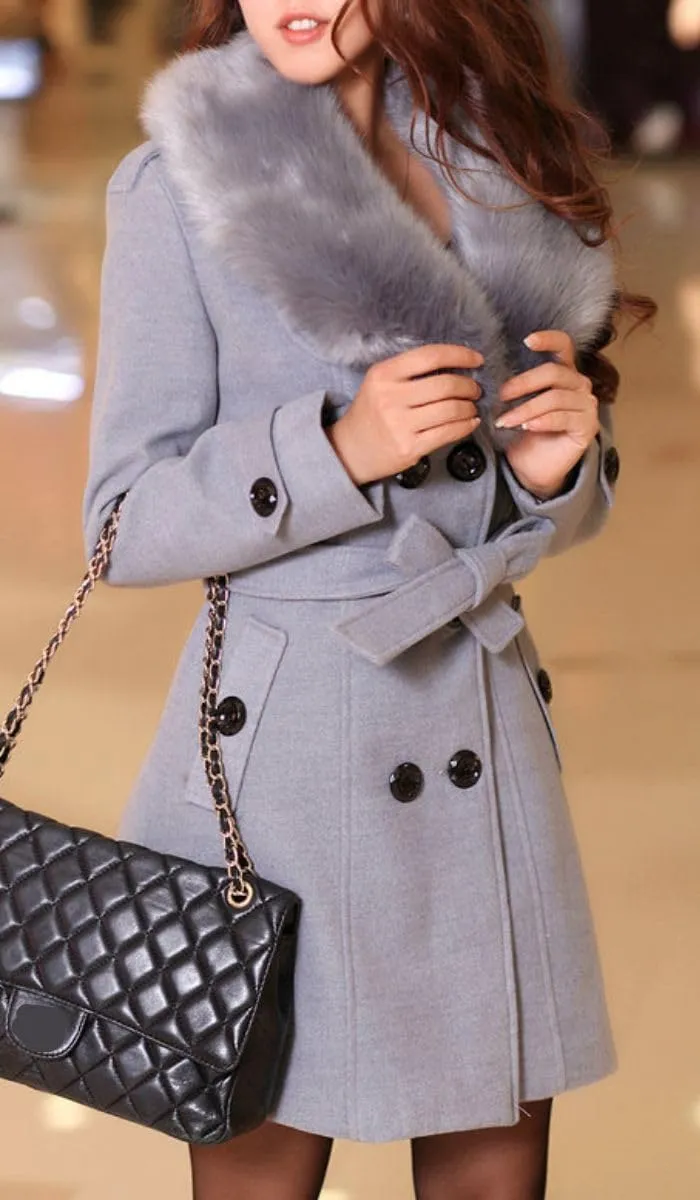 ELFTOWN Women's Double Breasted Midi Long Pea Coat Detachable Faux Fur Collar Long Sleeve Winter Trench Coats with Belt