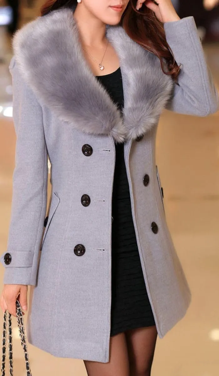 ELFTOWN Women's Double Breasted Midi Long Pea Coat Detachable Faux Fur Collar Long Sleeve Winter Trench Coats with Belt