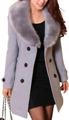 ELFTOWN Women's Double Breasted Midi Long Pea Coat Detachable Faux Fur Collar Long Sleeve Winter Trench Coats with Belt