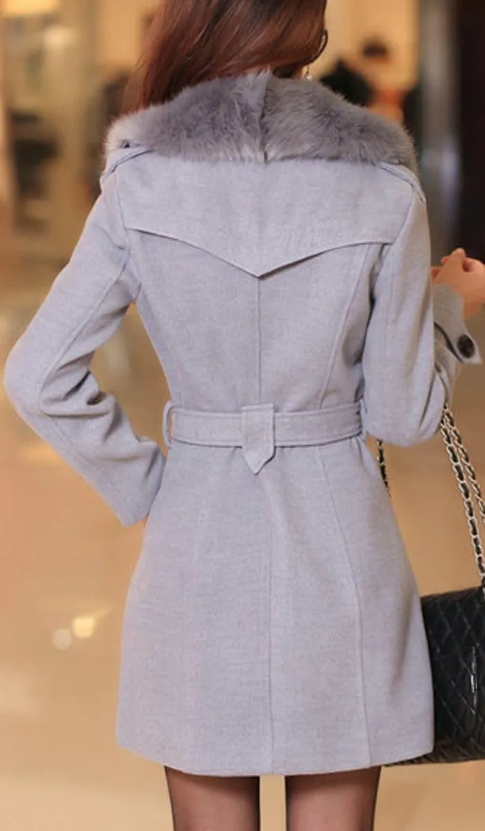 ELFTOWN Women's Double Breasted Midi Long Pea Coat Detachable Faux Fur Collar Long Sleeve Winter Trench Coats with Belt