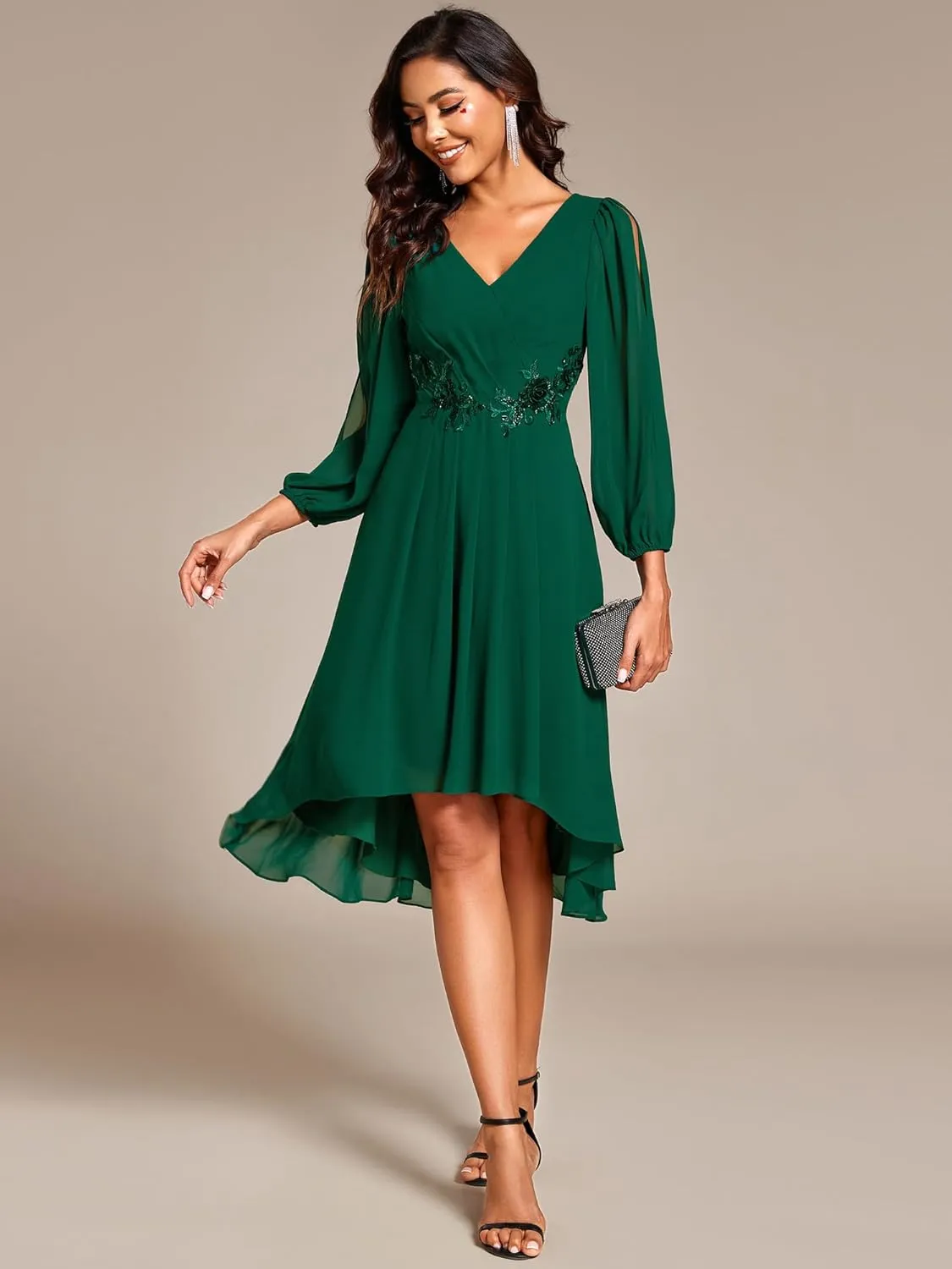 Ever-Pretty Womens Chiffon Lantern Long Sleeves Pleated Appliqued Empire Waist Midi Length Semi Formal Dresses 02926