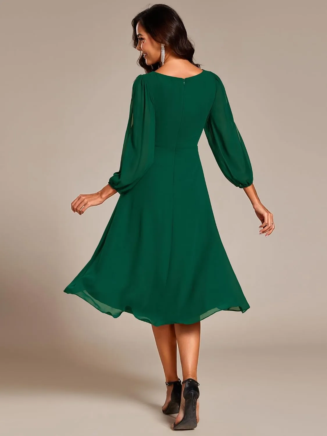 Ever-Pretty Womens Chiffon Lantern Long Sleeves Pleated Appliqued Empire Waist Midi Length Semi Formal Dresses 02926
