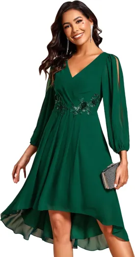Ever-Pretty Womens Chiffon Lantern Long Sleeves Pleated Appliqued Empire Waist Midi Length Semi Formal Dresses 02926