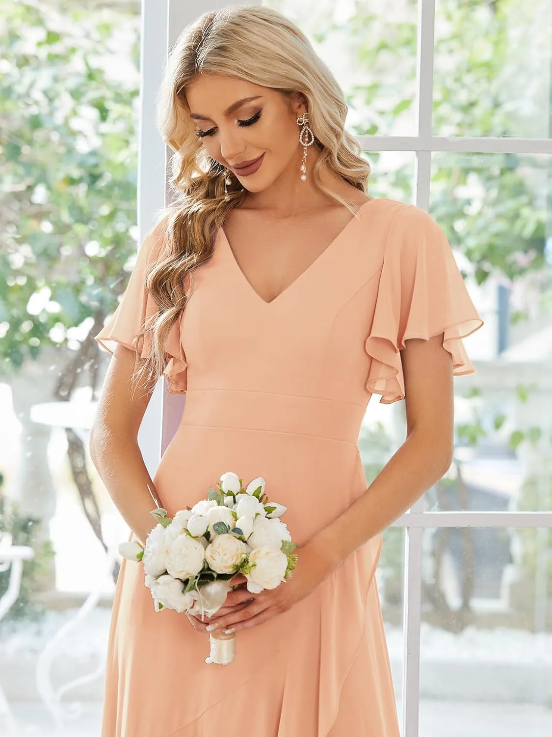 Ever-Pretty Women's Double V Neck A Line Ruffle Hem Backless High Low Chiffon Bridesmaid Dresses 01749
