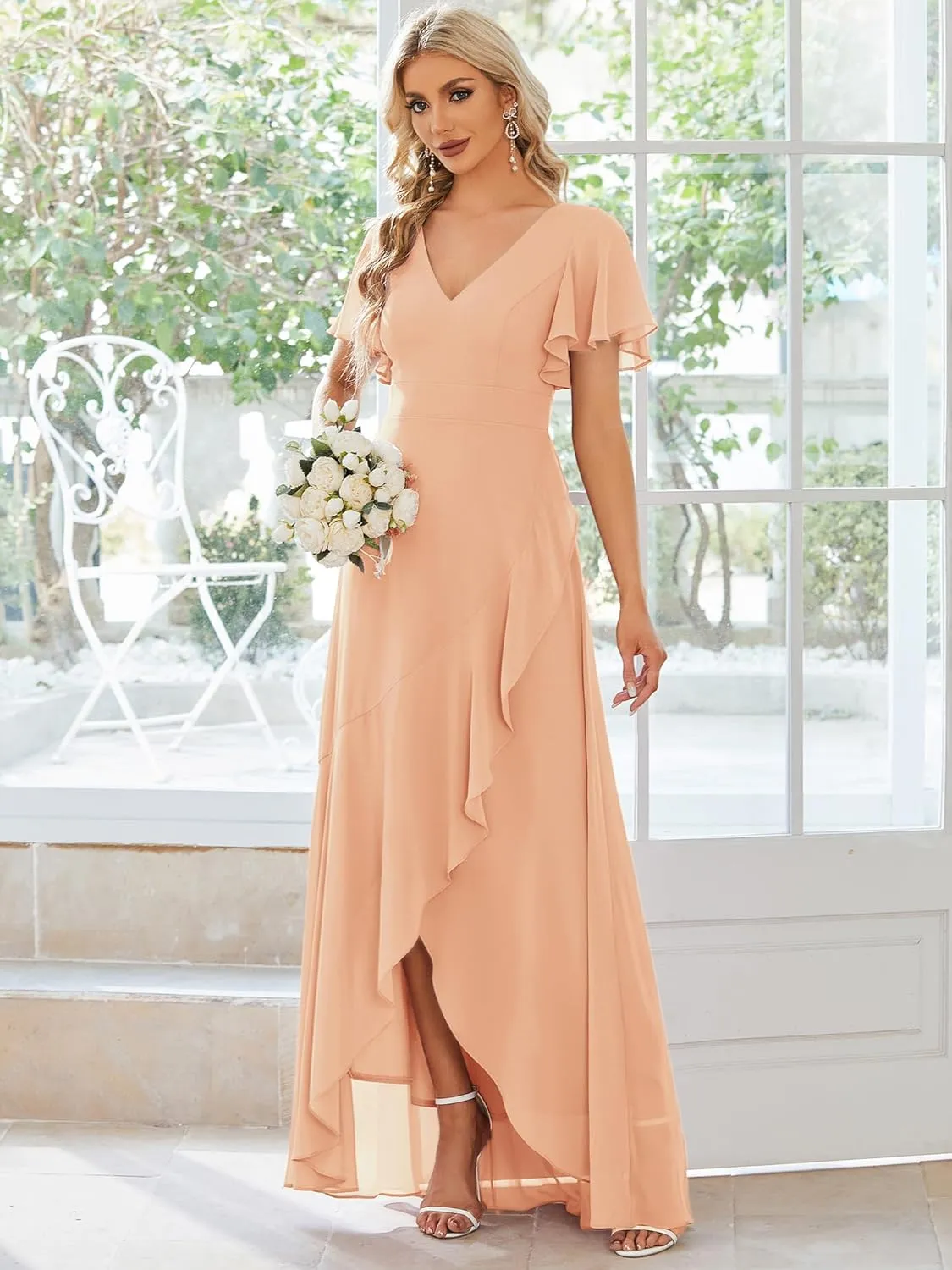 Ever-Pretty Women's Double V Neck A Line Ruffle Hem Backless High Low Chiffon Bridesmaid Dresses 01749