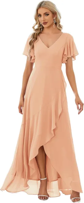 Ever-Pretty Women's Double V Neck A Line Ruffle Hem Backless High Low Chiffon Bridesmaid Dresses 01749