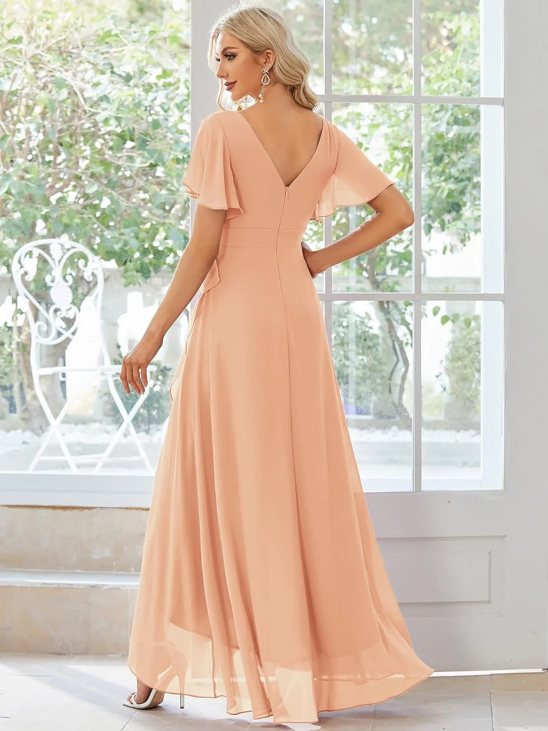 Ever-Pretty Women's Double V Neck A Line Ruffle Hem Backless High Low Chiffon Bridesmaid Dresses 01749