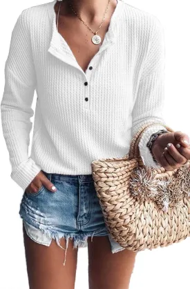 Famulily Women's Waffle Knit Tunic Tops Loose Long Sleeve Button Up V Neck Henley Shirts