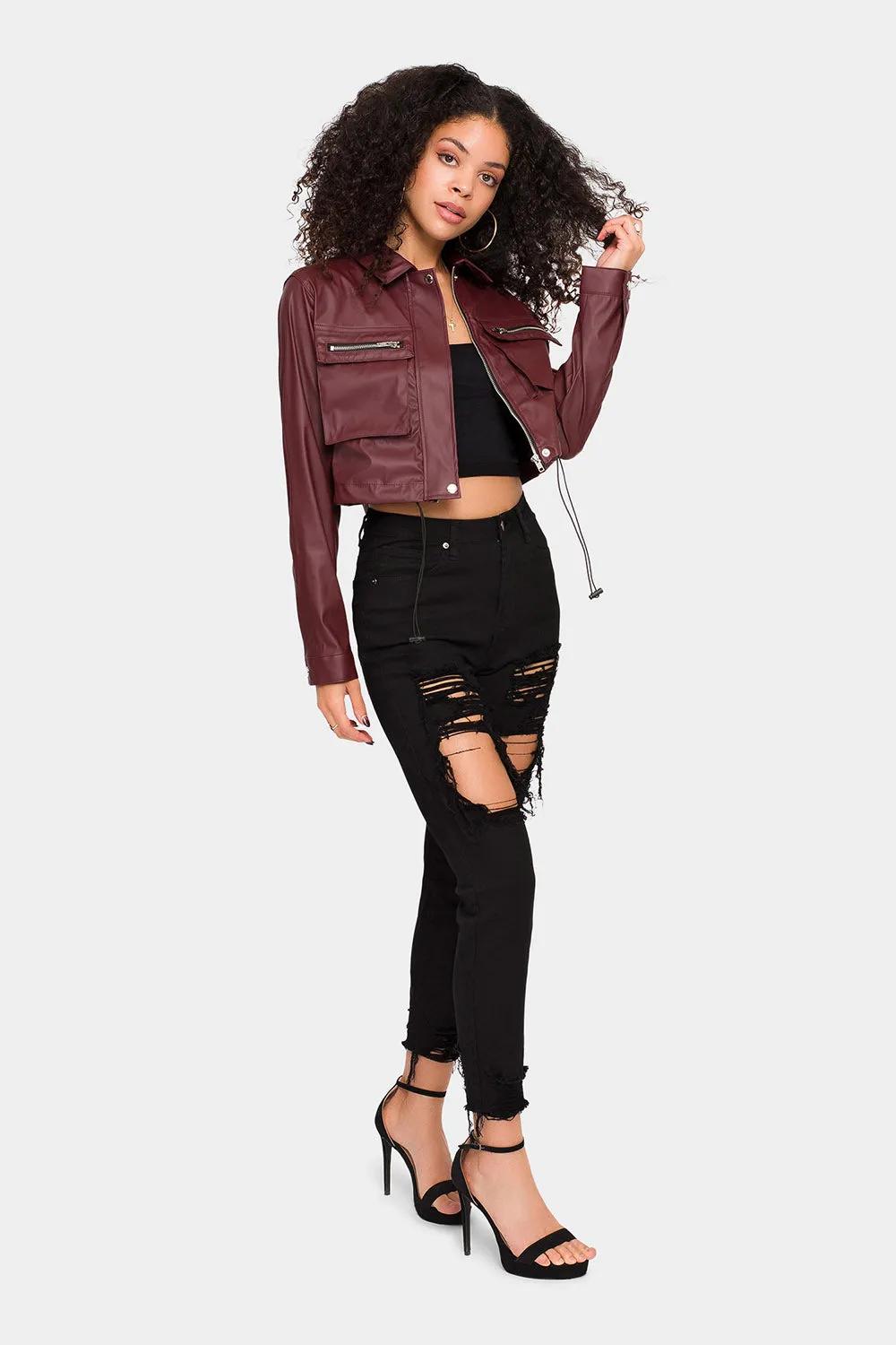 Faux Leather Cropped Jacket