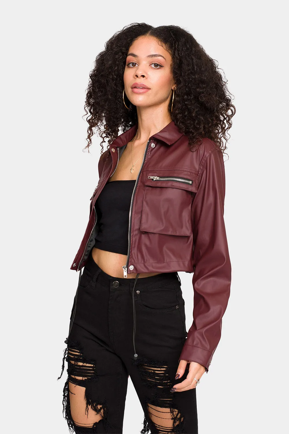 Faux Leather Cropped Jacket
