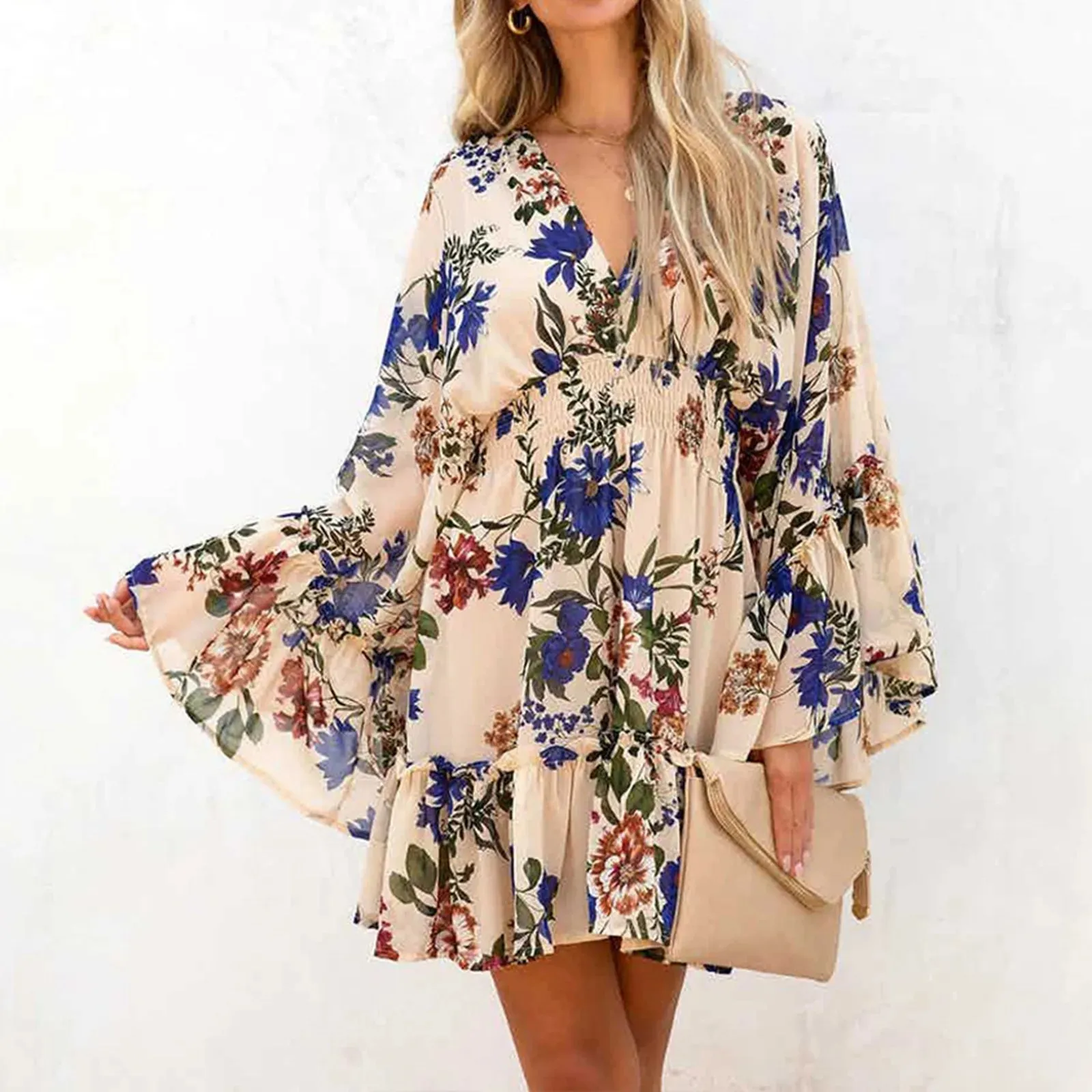 Flared Boho Floral Print Ruffles Long Sleeve Mini Casual Beach Sundress