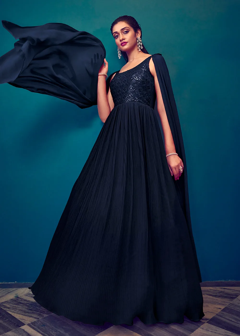 Georgette Pretty Blue Sequins & Thread Party Wear Gown