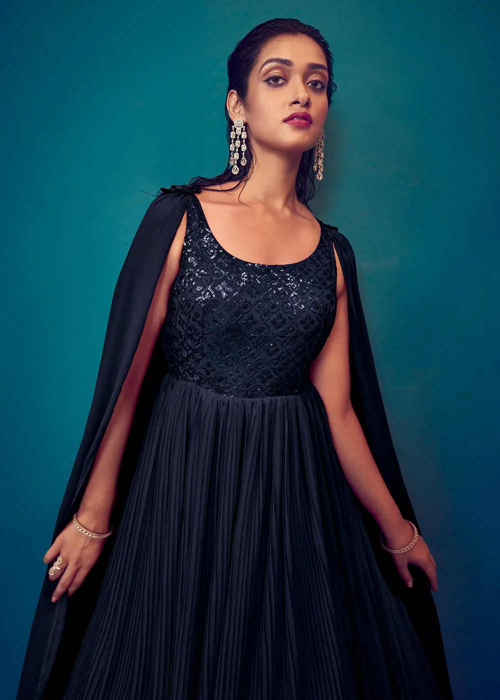 Georgette Pretty Blue Sequins & Thread Party Wear Gown