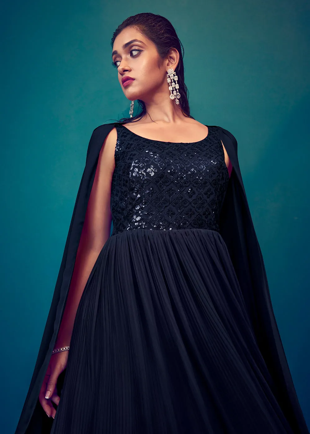 Georgette Pretty Blue Sequins & Thread Party Wear Gown